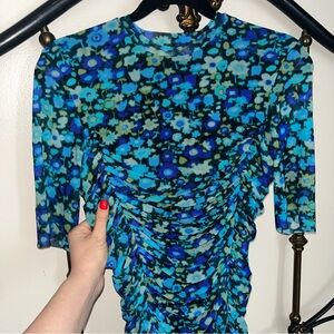 GANNI Floral Blue and Green Ruched Dress